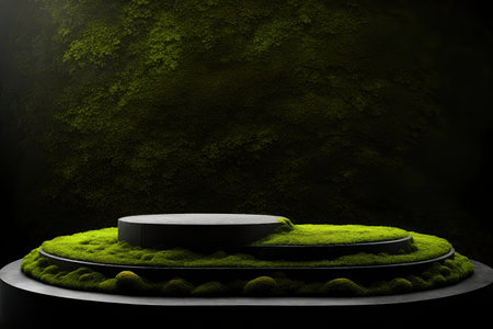 Black podium with green moss on dark background, AI Generatedの素材
