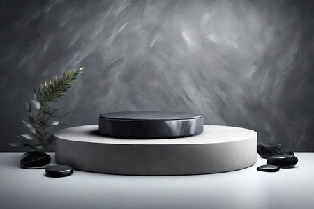 Black and white round stone podium for product presentation, AI Generatedの素材