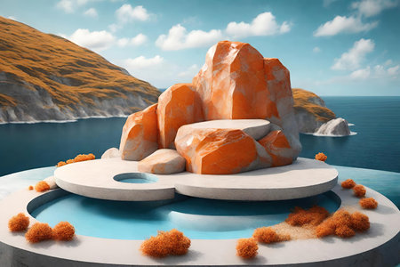 Round podium with orange rocks on the seashore, AI Generatedの素材