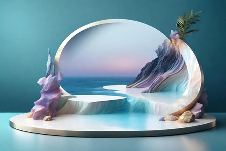 Podiums for product presentation with sea, AI Generatedの素材