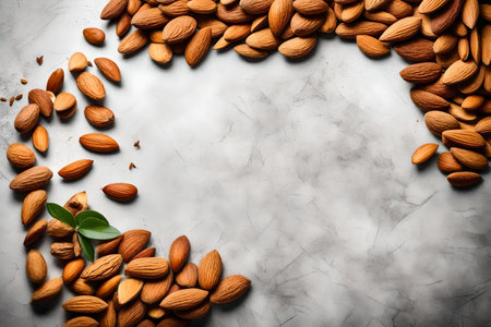 Almond nuts with granite background. Top view with copy space, AI Generatedの素材