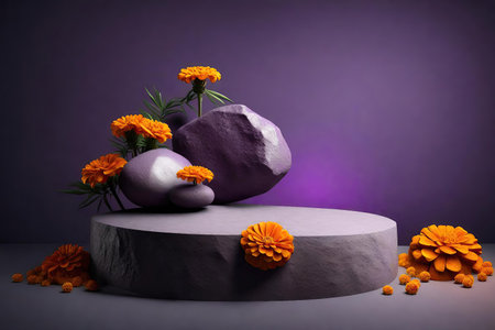 Marigold flowers with stone podium on purple background, AI Generatedの素材