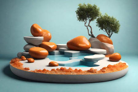 Round podium with pebbles and trees, AI Generatedの素材