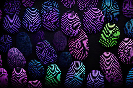 Fingerprint pattern on black background. Multicolored, AI Generatedの素材