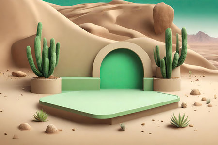 Desert scene with podium and cactuses, AI Generatedの素材