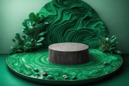 Round podium on malachite background, AI Generatedの素材