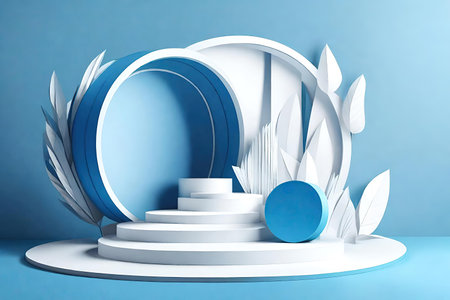 Blue podium and white leaves paper art style, AI Generatedの素材