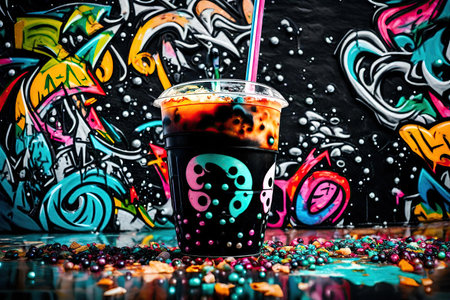 Boba tea in plastic cup with colorful graffiti on the wall, AI Generatedの素材