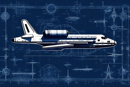 Space ship on a blue background with drawings, blueprint, AI Generatedの素材