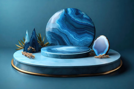 Blue podium for product presentation with blue agate and palm leaves, AI Generatedの素材