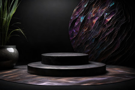 Black podium with iridescent rock on dark background. scene for product presentation.の素材
