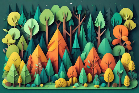 Autumn forest background, paper art style. AI Generatedの素材
