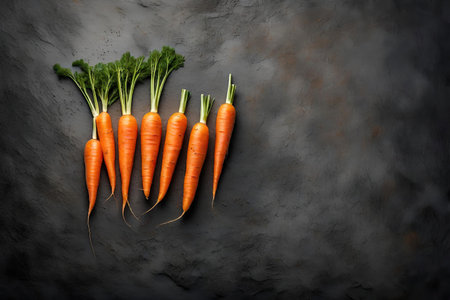 Fresh carrots on black slate background. Top view with copy space, AI Generatedの素材