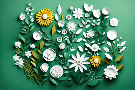 Paper flowers on green background. 3d illustration. Top view, AI Generatedの素材
