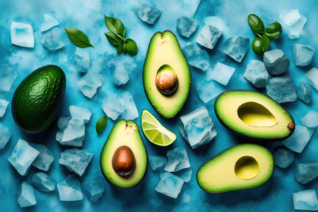 Avocado and ice cubes on blue background. Top view, flat lay, AI generatedの素材