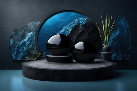 Black round podiums in dark room with blue agate rock and plant, AI Generatedの素材