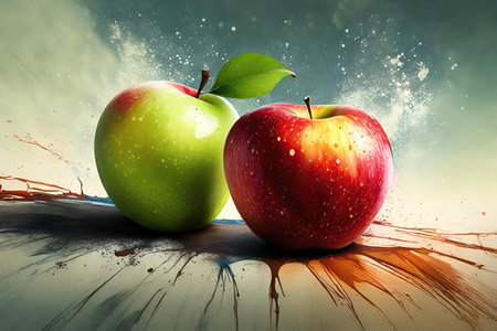 Two red and green apples on a grunge background with splashes, AI Generatedの素材