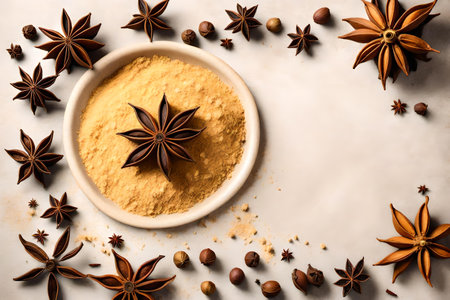 Cinnamon powder with star anise and cloves on white marble background AI Generatedの素材