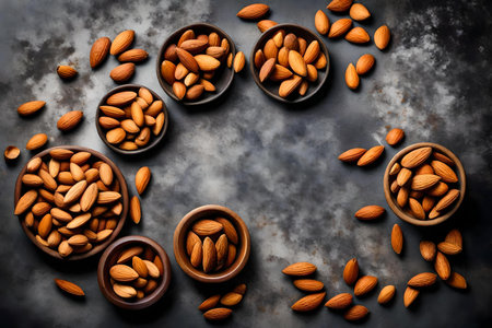 Almond nuts in bowls on dark background. Top view with copy space. AI Generatedの素材