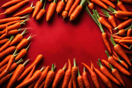 Bunch of fresh carrots on red background. Top view with copy space, AI Generatedの素材