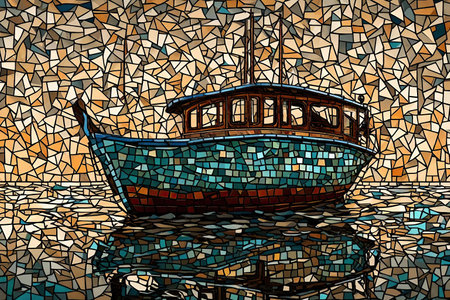 Boat on the water in a mosaic style, AI Generatedの素材