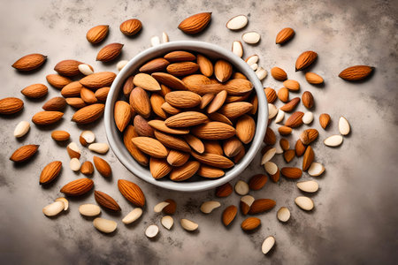 Almond nuts in a bowl on stone background. Top view, AI Generatedの素材