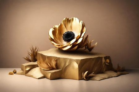Podium with gold flower on a beige background. AI Generatedの素材
