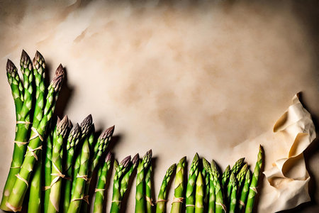 Bunch of fresh green asparagus over old paper background with copy space AI Generatedの素材