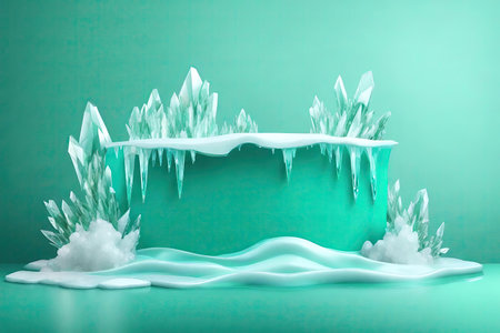 Cosmetic podium with winter scene with snow and icicles on green background, AI Generatedの素材