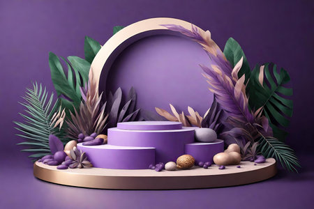 Purple podiums with tropical leaves, purple background AI Generatedの素材