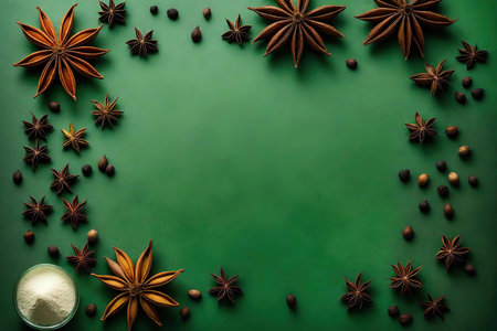 Star anise on green background. top view. AI Generatedの素材