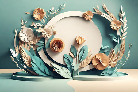 Product podium paper art style with flowers, AI Generatedの素材
