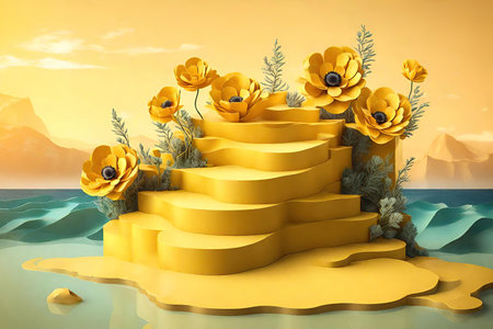 Cosmetic Podium with poppies in the desert AI Generatedの素材