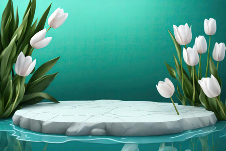 White tulips on turquoise background.の素材