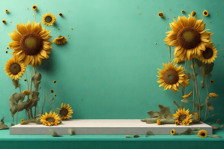 Podium with sunflowers on turquoise backgroundの素材