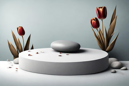 Minimal display podium with tulip flowers and petals.の素材