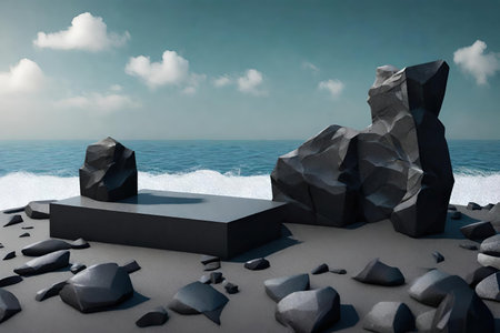 Black stone podium in the sea with rocks and skyの素材