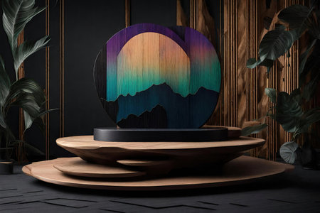 Display podium for product with mountain visual on backgroundの素材