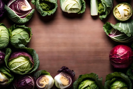 Variety of cabbage on wooden background. top view with copy spaceの素材