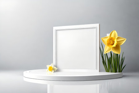 White podium, with daffodils on white background, AI Generatedの素材