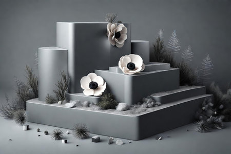Composition with silver geometric shapes, podium, pedestal with flowersの素材