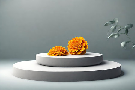 Luxury podium for product presentation with marigold, AI Generatedの素材