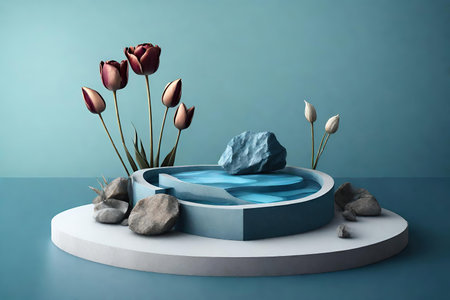 Podium for product presentation with tulips and stones on blue background, AI Generatedの素材