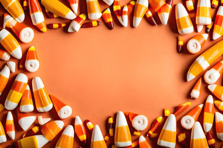 Candy corn on orange background. Top view with copy space.の素材