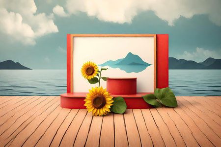 Podium for product with sunflowers and sea backgroundの素材