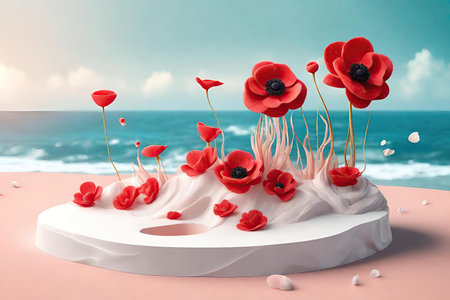 White podium with red poppy flowers on the beachの素材