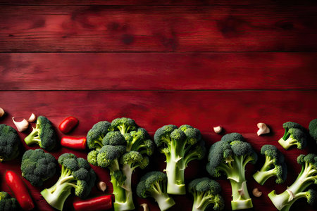 Broccoli and chili peppers on red wooden background. top view with copy spaceの素材