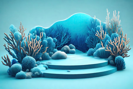 Underwater scene with blue podium and coral reef, AI Generatedの素材