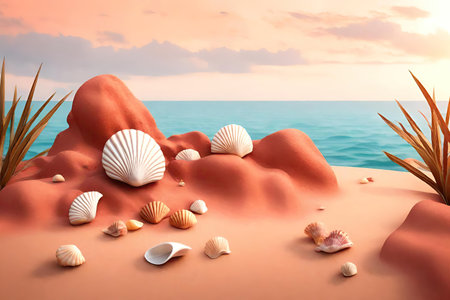 Sea shells on the sand background for product, AI Generatedの素材