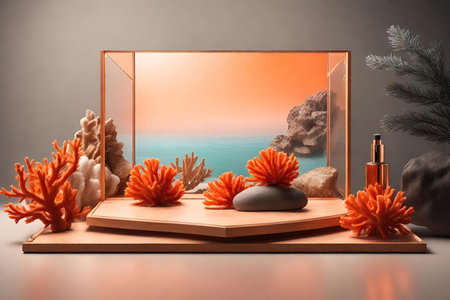 Cosmetic product display with the background of sea, coral and stones, AI Generatedの素材